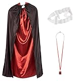 Classic Vampire Halloween Costume Accessory Kit - Complete the Look for Dracula & Vampire/Vampiress - Includes Hooded Cape, Ruby Pendant, & Iconic Plastic Fangs for Men, Women Cosplay