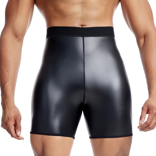 FEOYA Men Leather Shorts High Waist Tummy Control Shapewear Shorts Slim Fit Trunk Leg Body Shaper
