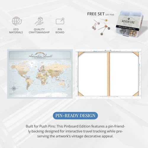 Image of IPIC - Blue Ocean World Map Pin Board Canvas Wall Art, Travel Map with Pins Included, Ready to Hang for Home or Office 36x24 Inch