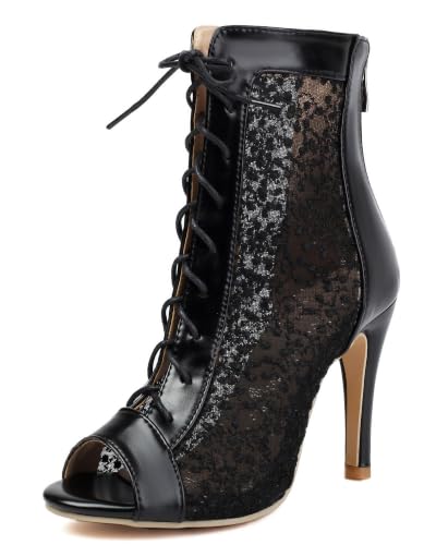black lace peep-toe heeled ankle boots