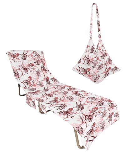 Red Herb Beach Chair Towel Covers for Chaise Lounge With Side Pocket, Soft Plush Pool Towels Cover for Patio Sunbathing Outdoor Floral Watercolor Spring Summer Wild Flower Plant 29''x85''