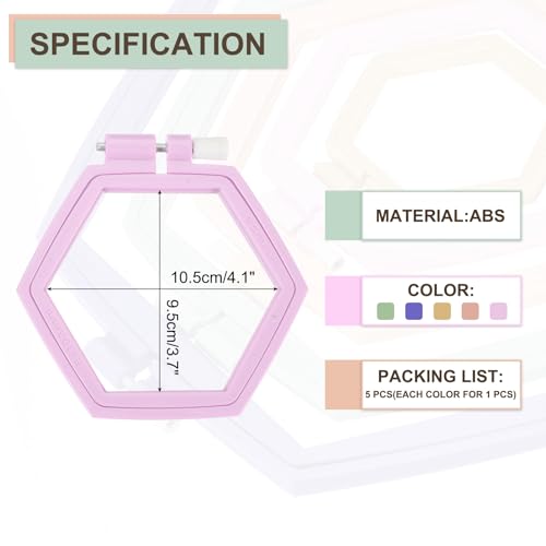 Image of PATIKIL 5 Pieces 4.1 inch x 3.7 inch Hexagonal Embroidery Hoops, Adjustable Cross Stitch Hoops Ring ABS Plastic Embroidery Frame Punch Needle Hoop for Sewing, Needlework, DIY Craft, Multicolored