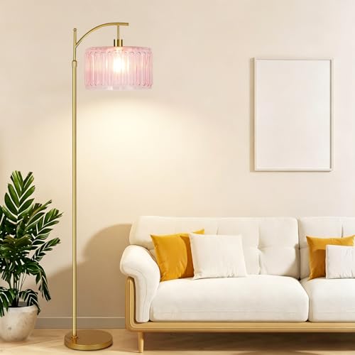 Image of QIYIZM Pink Floor Lamp for Living Room,Bedroom,Gold Dimmable Standing Lamp with Remote,Mid Century Modern Brass Tall Lamp Boho Floor Lamps Arc Stained Glass Flower Floor Light Lamp Girls kids Bohemian