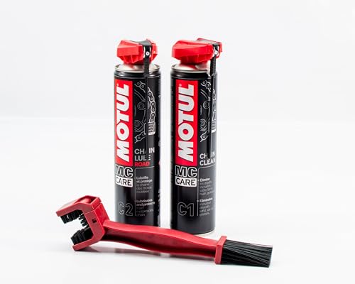 Gazoobike Pack d'entretien Chaîne Moto MC Care, Nettoyant C1 400ml + Lubrifiant C2 400ml avec Brosse de Nettoyage, Kit Complet pour Chaîne de Moto