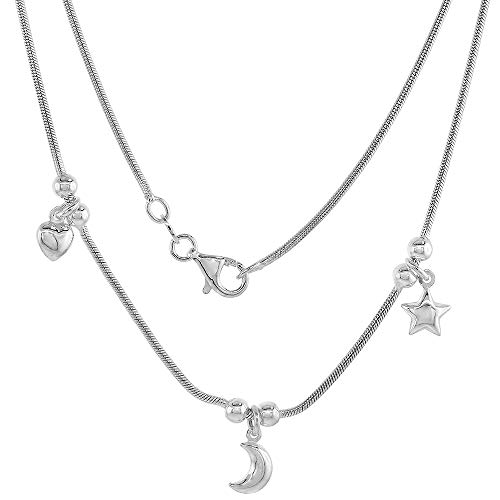 Sterling Silver Dangling Heart Moon Star Station Necklace Bracelet Set Snake chain Bead Stoppers 7-17 inch - Main Image