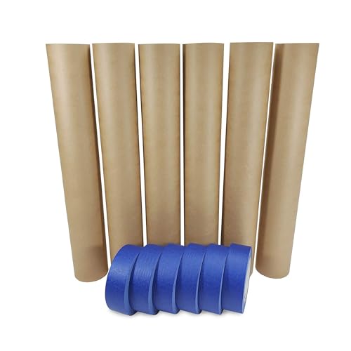 IDL Packaging Masking Paper and Tape Set -18" x 60 Yards Brown Masking Paper (6 Rolls) and 1.41" x 60 Yards Blue Painter’s Tape (6 Rolls) - Masking Kit for Painting and Home Improvements