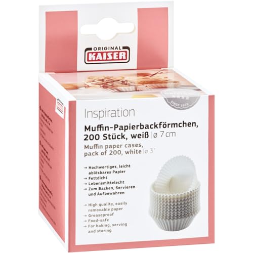 Foto von Original Kaiser Inspiration Muffinförmchen Papier weiß, 200 Stück, Standardgröße 7 cm, Cupcake Förmchen, Muffinförmchen Papier fettdicht, ideal für süße und herzhafte Muffins