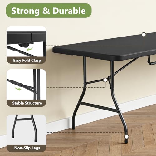 Image of Folding Table, 8FT Foldable Picnic Table with Carrying Handle, Heavy Duty Fold-in-Half Portable Table for Weddings, Camping, RV Travel, Parties, BBQs, and Indoor Use, Easy to Fold and Store