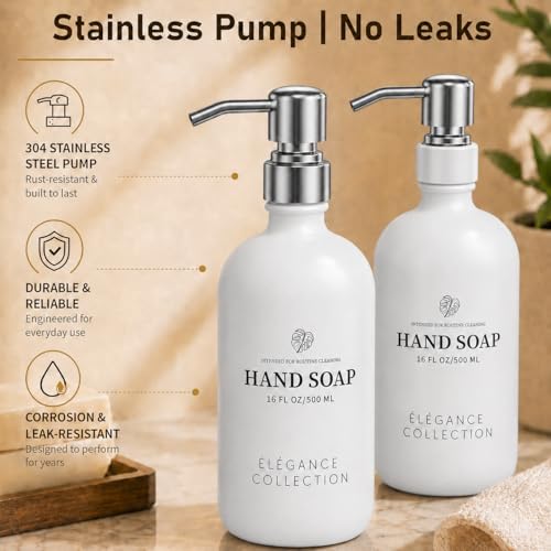 Image of Fachixy White Glass Soap Dispenser (2 Pack), 16 Fl Oz Hand & Dish Soap Dispenser Bottles Set with Rust-Resistant Stainless Steel Pump, Non-Slip Pad, 14 Waterproof Labels for Kitchen and Bathroom