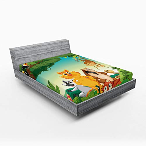 Ambesonne Zoo Fitted Sheet, Forest Scene with Different Animals Habitat Jungle Tropical Environment Cartoon, Bed Cover with All-Round Elastic Deep Pocket for Comfort, Queen Size, Green Orange