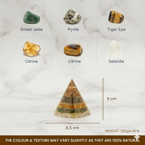 Image of Certified Conical Dhanyog Crystal Pyramid with Selenite Base | 5-in-1 Money Magnet Pyramid with Pyrite Citrine Green Jade Tiger Eye & Selenite | Wealth Prosperity Vastu Decor for Home Office