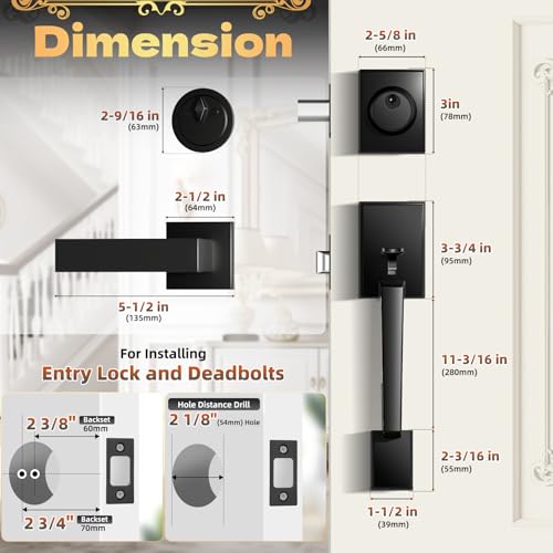 Azdele Front Door Handle and Deadbolt Set, Front Door Lock Set, Exterior Door Lock Set, Front Door Handle with Single Cylinder Deadbolt for Exterior Door, Reversible for Right&Left(Matte Black Modern) - Image 4