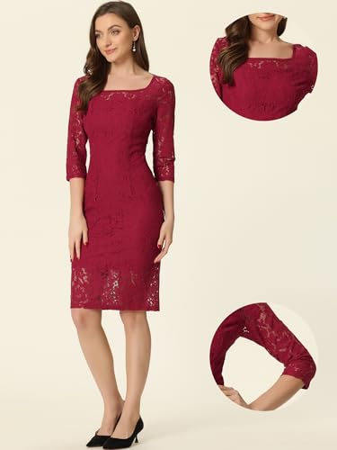 Image of Allegra K Lace Dress for Women's Elegant 3 /4 Sleeve Square Neck Bodycon Cocktail Dresses