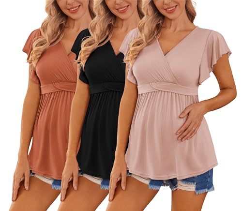 Image of Ekouaer Maternity Shirts 3 Packs Flying Short Sleeve Nursing Tops Pregnancy Clothes