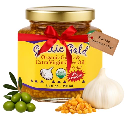Garlic Gold Organic Toasted Garlic Granules in Extra Virgin Olive Oil, Crunchy Garlic in Olive Oil, Glass Jar 6.4 oz