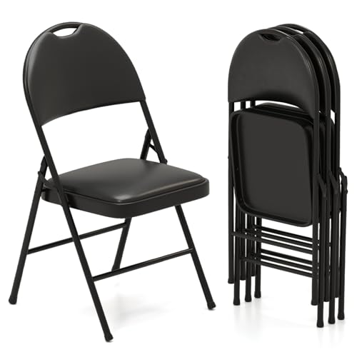 COSTWAY 4er Set Klappstühle, Gartenstuhl klappbar, Campingstuhl Kunstleder mit Metallrahmen, Esszimmertühle gepolstert bis 150KG belastbar, Klappstuhl für Gäste, Esszimmer, Camping, Konferenz, Schwarz
