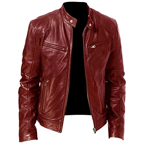 Maiyifu-GJ Men's Faux Leather Biker Jacket Vintage Motorcycle Jacket Outerwear Retro Stand Collar PU Leather Slim Fit Coat (Red Wine,5X-Large)