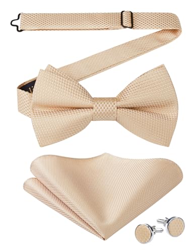 Enlision Noeud Papillon Homme Beige Nœud Papillon Mariage avec Carré de Poche et Boutons de Manchette Noeud Papillon Pré-noué Réglable de Couleur Unie