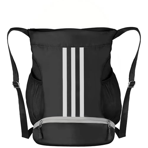 Image of Soccer Bag, Youth Soccer Basketball Bag with Compartments Drawstring Backpack for Football Volleyball Gym Training (Black)