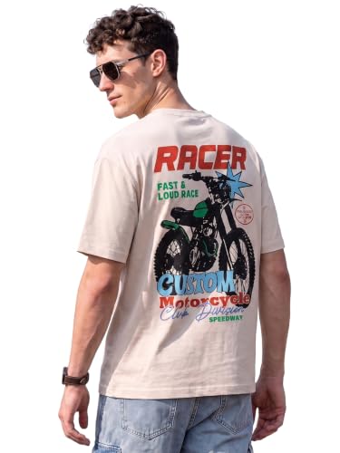 Image of Veirdo Men Bold Front & Back Printed Oversized Fit T-Shirt for Men, Cotton Fabric, Drop-Shoulder Streetwear Casual Graphic Tee, Stylish & Comfortable (OS VD UNTM BRN S)