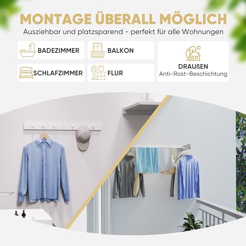 teolix Wäscheständer Wandmontage [2in1 mit extra Kleiderhaken] Ausziehbar und Platzsparend | Wäschetrockner Klein für Wand | Clothes Drying Rack Zeitlos Praktisch - (Weiß, 80cm)