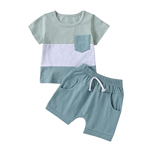 Image of Toddler Baby Boy Summer Clothes Color Block Short Sleeve T-Shirt Letter Tops Solid Color Shorts Sets 2Pcs Cute Outfits