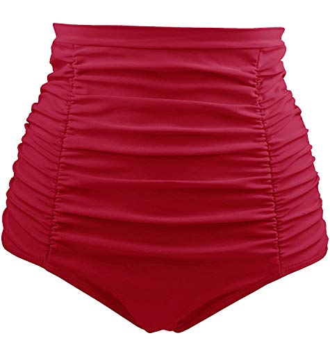 Tempt Me Women's High Waisted Swimsuit Bottom Red Tummy Control Ruched Bikini Bottom Vintage Swim Shorts Tankini Briefs S