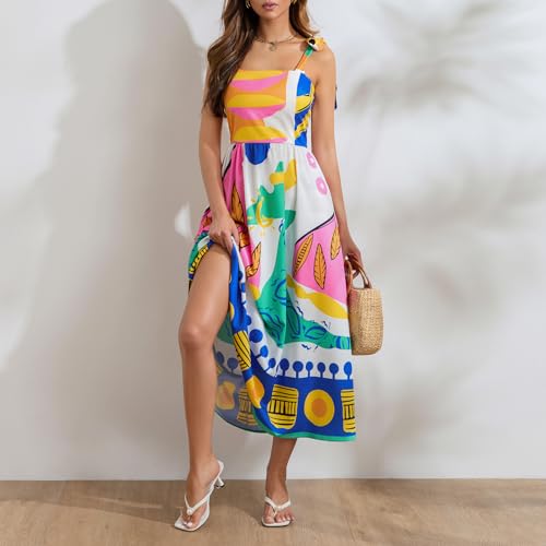 Image of Women Y2k Boho Maxi Dress Tie Shoulder Backless Strappy Tiered Flowy Dress 2024 Summer Floral Beach Sundress