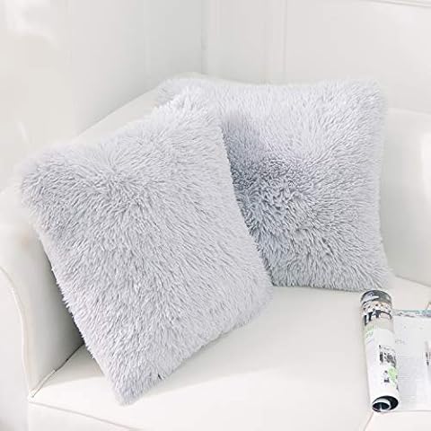 NordECO HOME Pack of 2 Faux Fur Cushion Covers 40 x 40 Luxury Fluffy Decorative Fuzzy Square Throw Pillow Case 16 x 16 for Sofa Decor Light Grey Cover