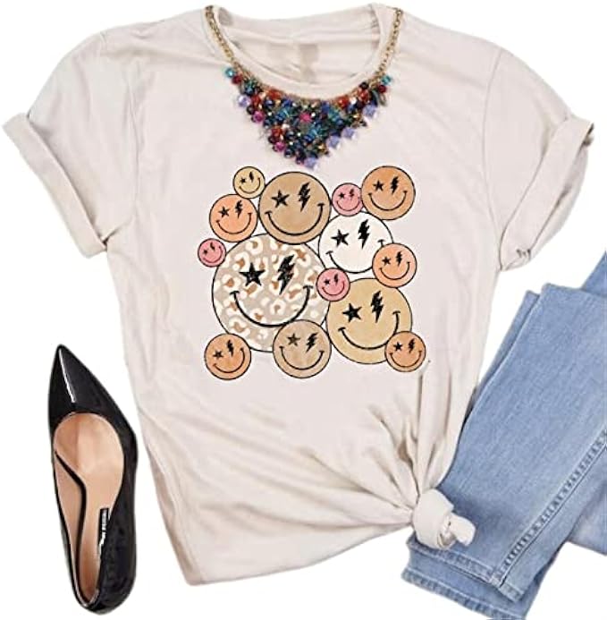 Women's Keep Smile T-Shirt Summer Cute Smile Face Graphic Tees Trendy Vintage Casual Loose Short Sleeve Tee Shirts