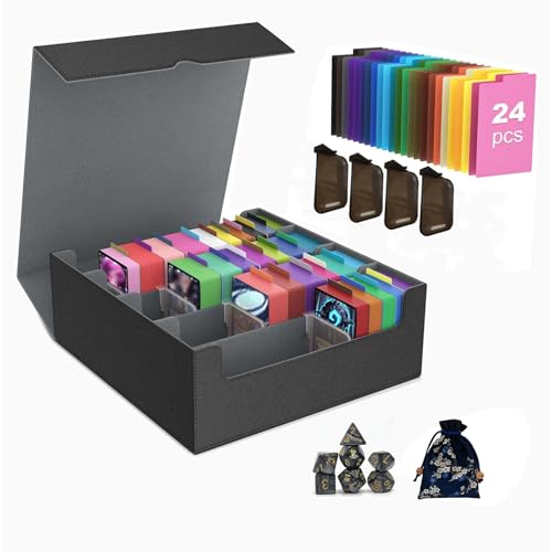 VeiDynoA Trading Card Storage Box 3200+ Capacity 4-Row Commander Deck Box with 24Colorful Dividers & 4 Card Supporters PU Leather Magnetic Closure- for MTG,TCG & Sports Cards,Black&Grey