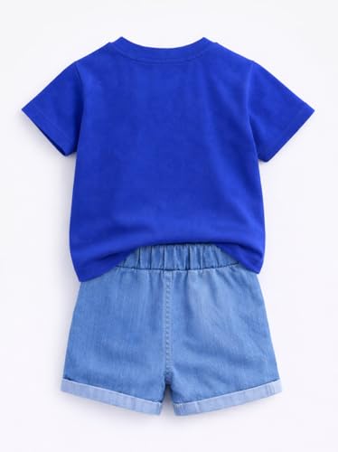 Image of Bold N Elegant Half Sleeve Pure Cotton Baby Boy Girl 3D Cartoon Smiley Animals T-Shirt with Denim Shorts Smart Casual Outfit for Infant Toddler Kids Upto 5 Years