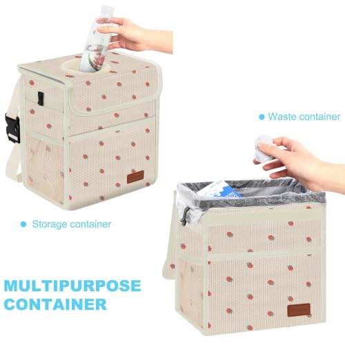 Image of Femuar Leak Proof Car Trash Can with Lid, Collapsible Hanging Waterproof Car Trash Bag with Mesh Pocket for SUV Front Seat Headrest, Large /Beige Strawberry