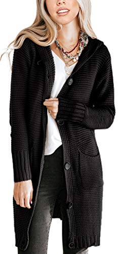 NENONA Women's Open Front Chunky Knit Hooded Cardigan Sweater Long Sleeve Button Down Outwear with Pockets(Black-XL)
