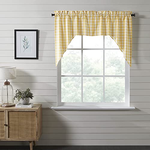 VHC Brands Annie Buffalo Check Farmhouse 36x36x16 Swag Pair Yellow Rod Pocket Cotton Kitchen Window Curtains