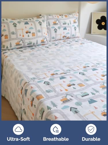 Image of Kids Queen Size Builder Bed Sheets - 4 Piece Kids Builder Sheet Set - Construction Themed Bedding - Ultra-Soft, Cute & Cozy - Breathable & Machine Washable - Bed Set for Boys, Girls, Teens & Toddlers