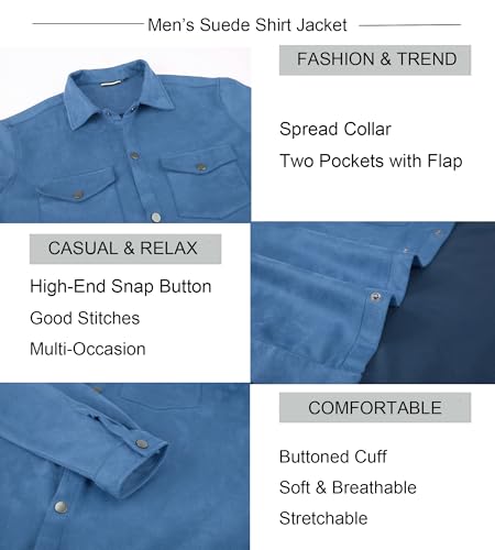 Alex Vando Mens Suede Shirt Jackets Long Sleeve Two Pockets Snap Casual Button Down Shirts