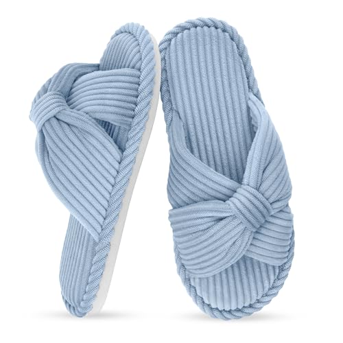 Image of IPSAE House Slippers for Woman Memory Foam Open Toe Slippers Corduroy Cross Bow Womens Slipper Slides Comfy Indoor Bedroom Slip On Shoes