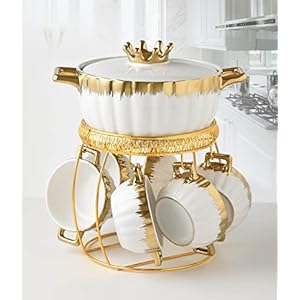 TFE’s Fancy Ceramic Soup Tureen Bowl Gift Set with 6 Soup Bowls/Cups with Handles, Gold Stand & Lid, Hotpot Style Home Decor Kitchen Utensils Set for Ramen Pasta Gravy (White and Gold)