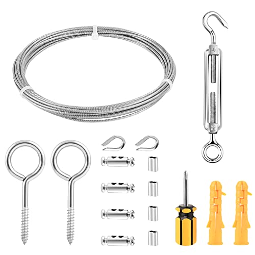 Abimars Cable de acero inoxidable 2mm , kit de cable de alambre recubierto de vinilo de 6m , con Tornillos ojo de oveja M4, Tornillos tensores M4, herramientas de destornillador grandes Cover