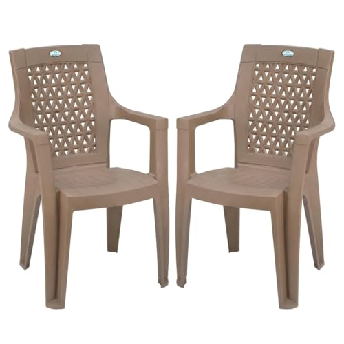 Image of Nilkamal Elevate Plastic Chair with Arm | Set of 2 | Stackable Chair | for Living Room, Bed Room, Kitchen, Balconies, Outdoor | Rattan Dark Beige