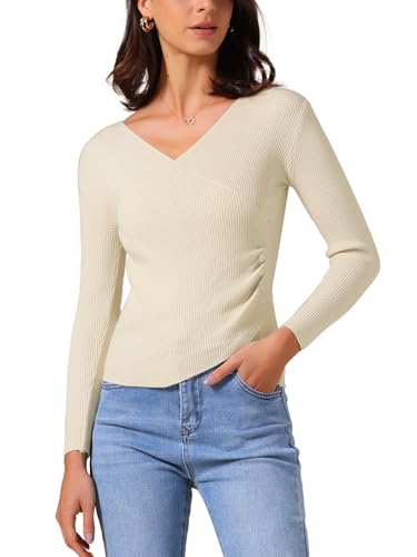 Allegra K Women's V Neck Sweater Long Sleeve Ruched Button Cross Wrap Knitted Tops