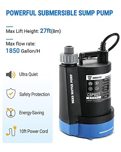 Dekopro Submersible Water Pump 1/4 Hp 1850Gph Thermoplastic Utility Pump Electric Portable Transfer Water Pump For Pool Tub Garden Pond Draining #TOP1