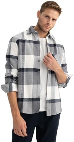 DeFacto Erkek Regular Fit Polo Yaka Uzun Kollu Gömlek, Gri Karışım, XS - Görsel 1