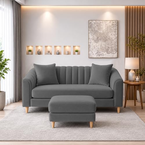 Image of Doraldo 2 Seater Sofa Set with Ottoman for Living Room (Dark Grey) Premium Fabric Sofa