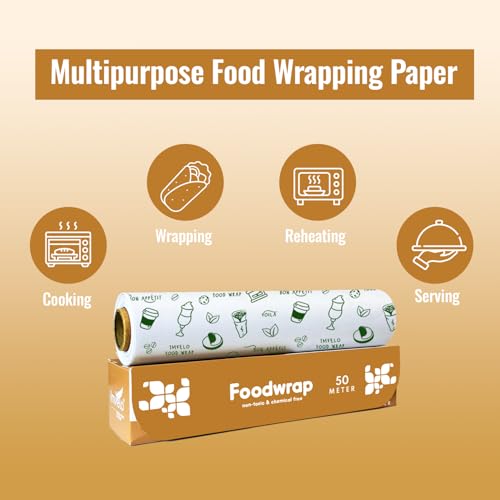 Image of Food Wrapping Paper Roll 50 Meter -Non Stick,Oil Proof Butter Paper Roll, Reheatable Foil Paper for Food Wrap, Chapati, Roti Wrap, Sandwiches & More, Wrapping Paper for Food