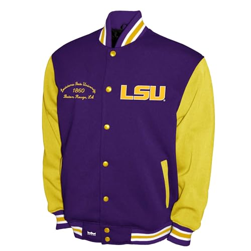 2Bhip NCAA LSU Tigers Varsity Jacket - Men's Purple/Gold Fleece Snap-up Letterman Jackets - Everyday Outwear