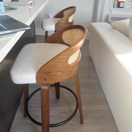Image of 24.8 inch Swivel Rattan Bar Stools Mid-Century Modern Beige Linen Fabric Upholstered Counter Height Stools,Kitchen Island Barstools with Rattan Low Backrest,Walnut Wood Finish Bar Chair,1PCS