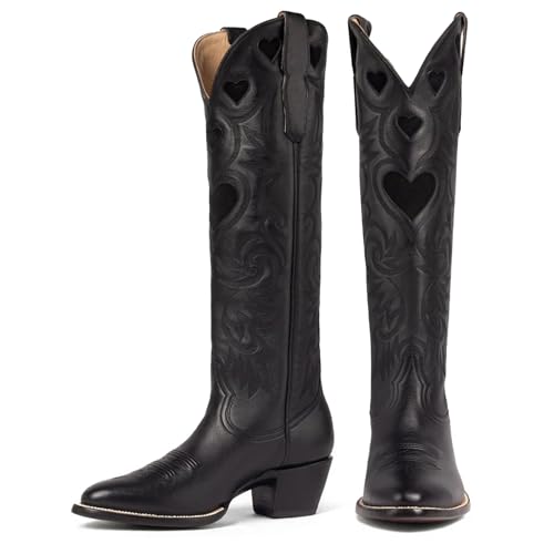 POYOIOR Black Cowboy Boots for Women Wide Calf Round Toe Chunky Stacked Heel Knee High Cowgirl Boot Heart Pattern Classic Embroidered Tall Western Booties Pull on Size 7.5