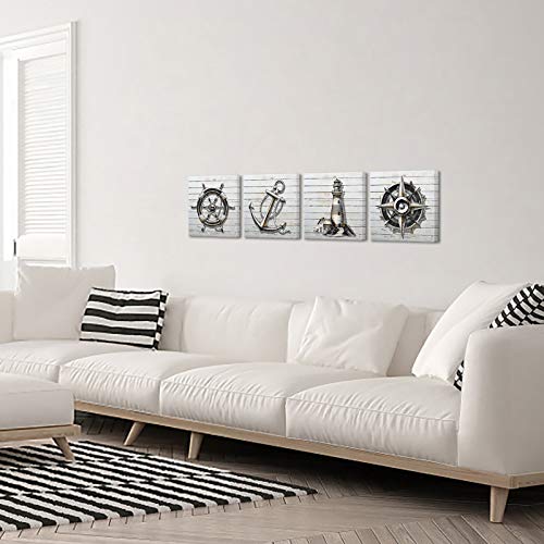 SkenoArt Nautical Themed Bathroom Art Wall Decor Black White Boat Anchor Paintings Helm Compass Print Lighthouse Picture Home Decor Sea Artwork Bedroom Living Room Ready to Hang - Image 4